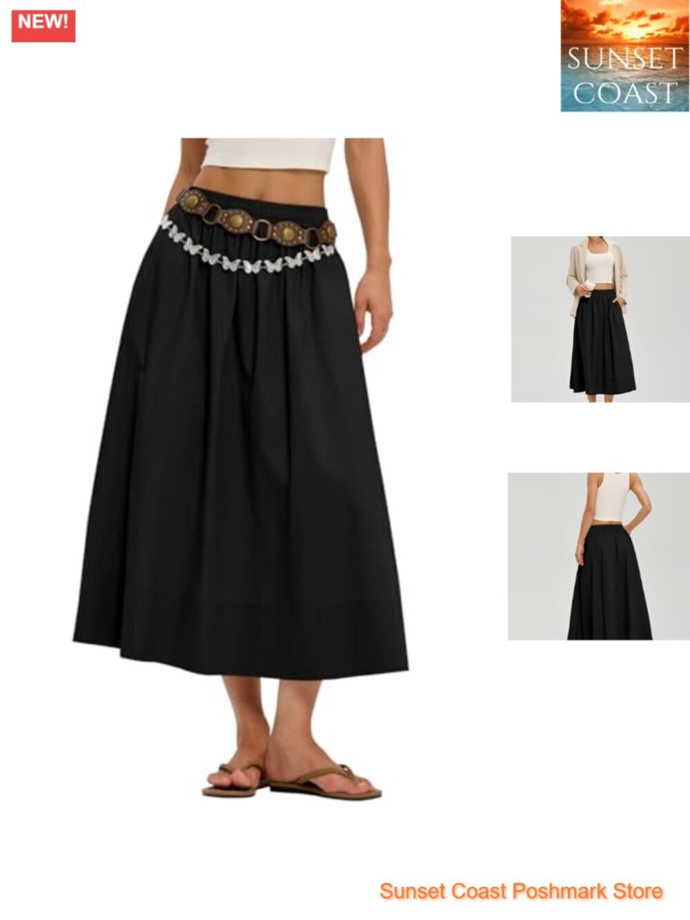 A-Line Cotton Flowy Midi Skirt Elastic Waist with Pockets Summer Casual